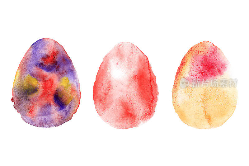 Red-orange blue. Hand drawn watercolor tree eggs illustration collection isolated. Easter elements on paper texture. Water color egg for holiday spring or watercolour
